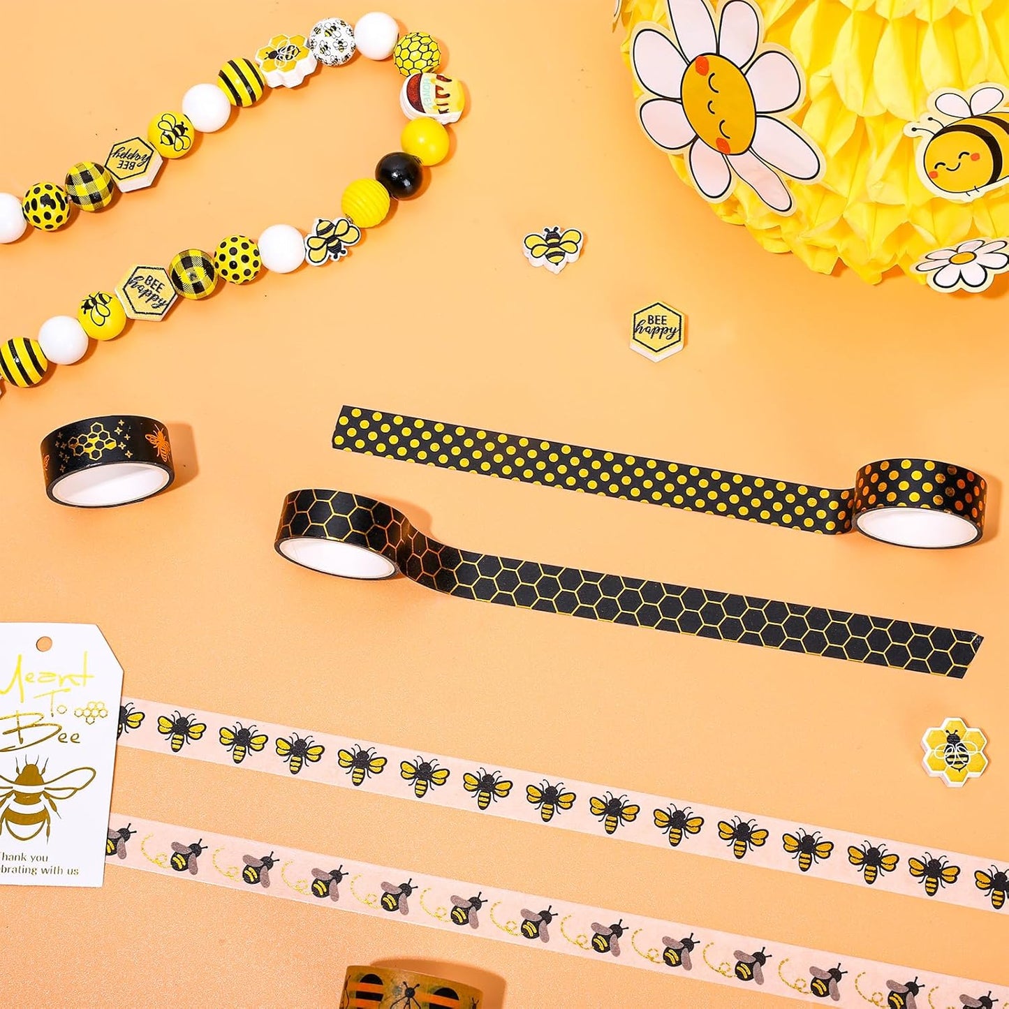 Whaline 12 Rolls Bee Washi Tape Foil Gold Honey Bee Washi Masking Tape 15mm Wide Bumblebee Honeycomb Daisy Print Decorative Adhesive Masking Tape for Scrapbook Gift Wrapping DIY Art Crafts