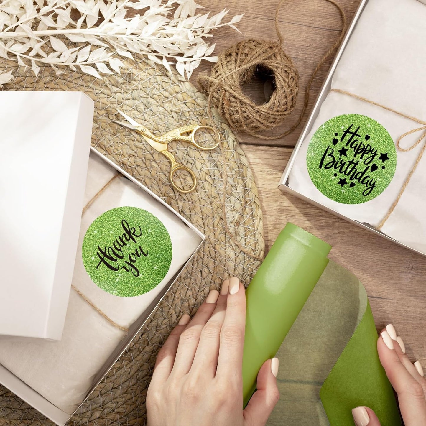 2" Holographic Thermal Label Stickers, Round Direct Thermal Label Stickers, Glitter Thermal Printer Sticker Labels for Gift Wrapping, Self-Adhesive Custom Logo Design-Glitter Green