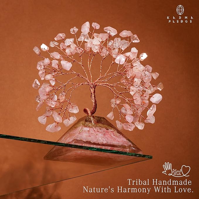 KARMAPLEDGE Rose Quartz Crystal Tree Good Luck Birthday Gifts for Womens, Mom, Home and Office Desk Decor, Pyramid Base Reiki Healing Stones & Chakra Tree of Life for Positive Energy, Money, Sucess