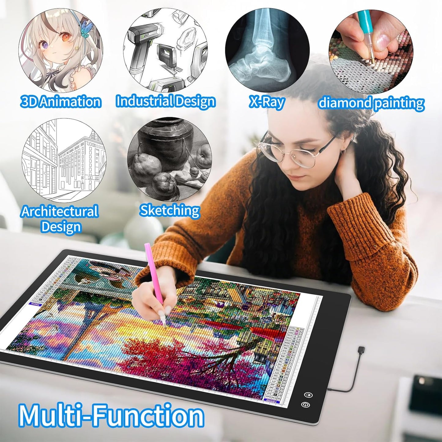 Rechargeable A2 Light Box (23.7"x15.8"), 3-Color Light LED Light Pad for Tracing, Large Diamond Painting Light Board, 6 Levels/Stepless Dimming Light Table for Drawing, Sketching, Animation