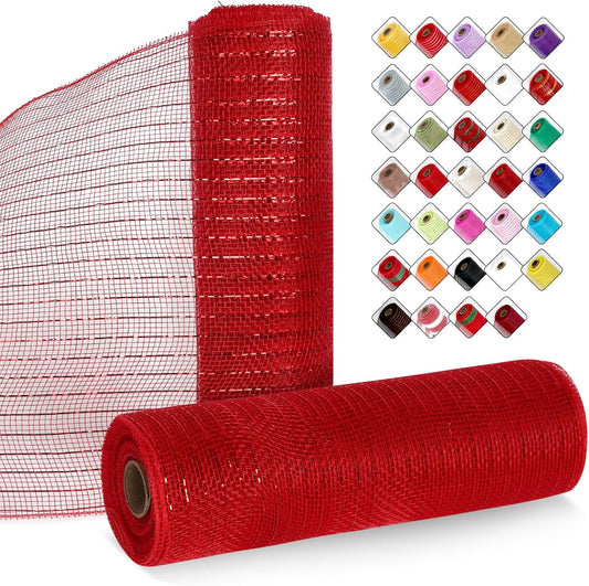 2 Rolls Mesh Ribbon for Wreaths 10 Inch x 30 Foot Wreath Mesh Rolls with Metallic Foil for Easter Christmas Party Wedding Home Decor DIY Craft Projects and Gift Wrapping (Red)