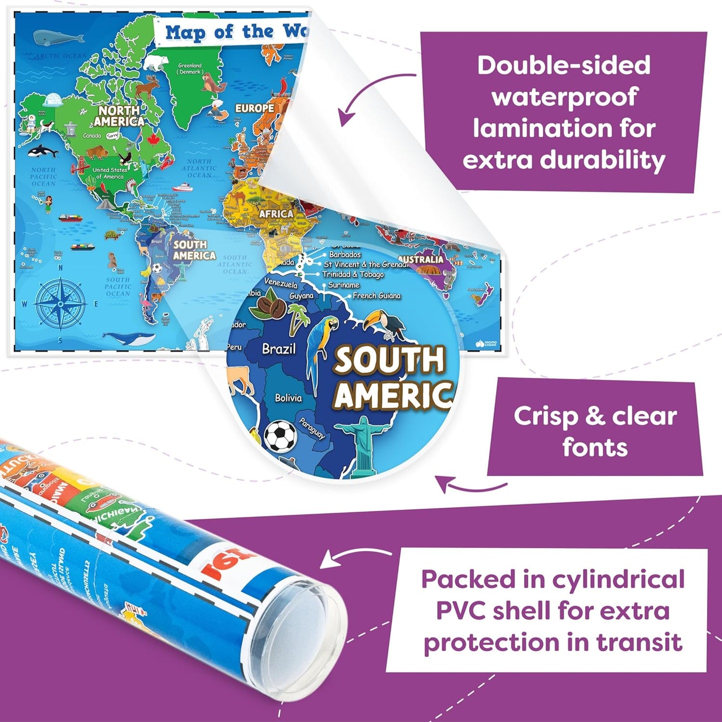 World Map Poster & Map of the United States For Kids - 2pc Set - 24” x 16” USA & World Map For Kids Waterproof Classroom Posters Must Haves - Classroom Decor Educational Posters For Toddlers 1-3