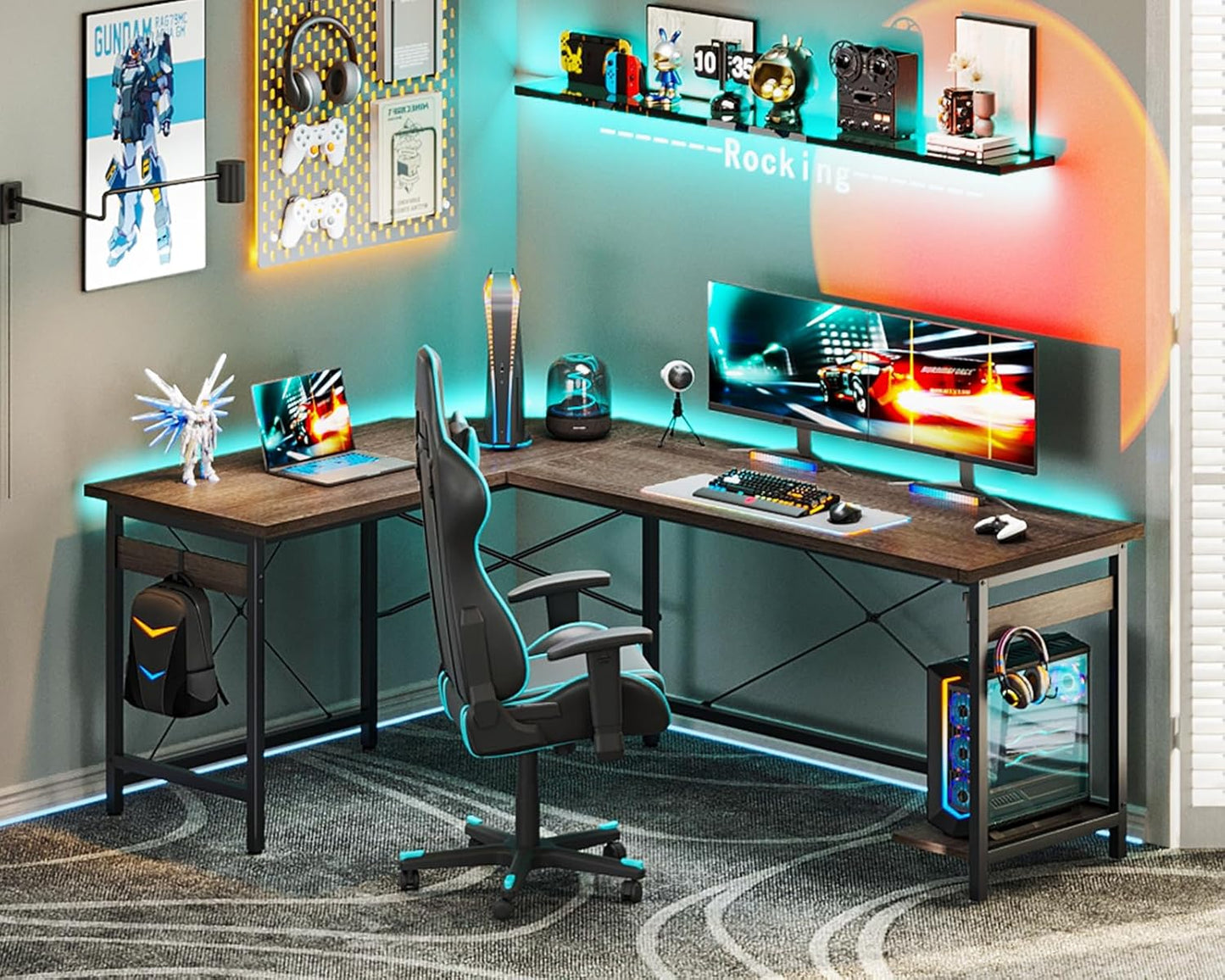 Coleshome 66" L Shaped Gaming Desk, Corner Computer Desk, Sturdy Home Office Computer Table, Writing Desk, Larger Gaming Desk Workstation, Grey Oak