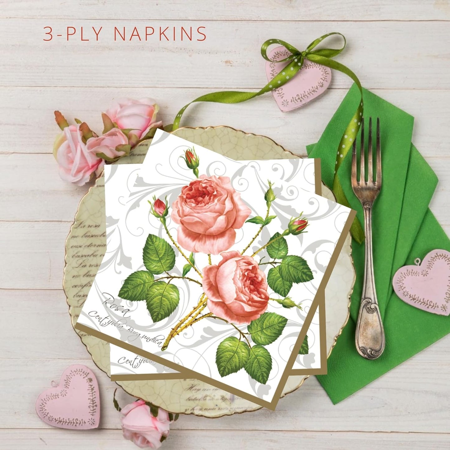20-ct 13x13 Flowers Paper Luncheon Decoupage Napkins, 3-Ply Servilletas Printed Baby Roses Cocktail Napkin for Art, Dinner and Party, Disposable Napkins Decor