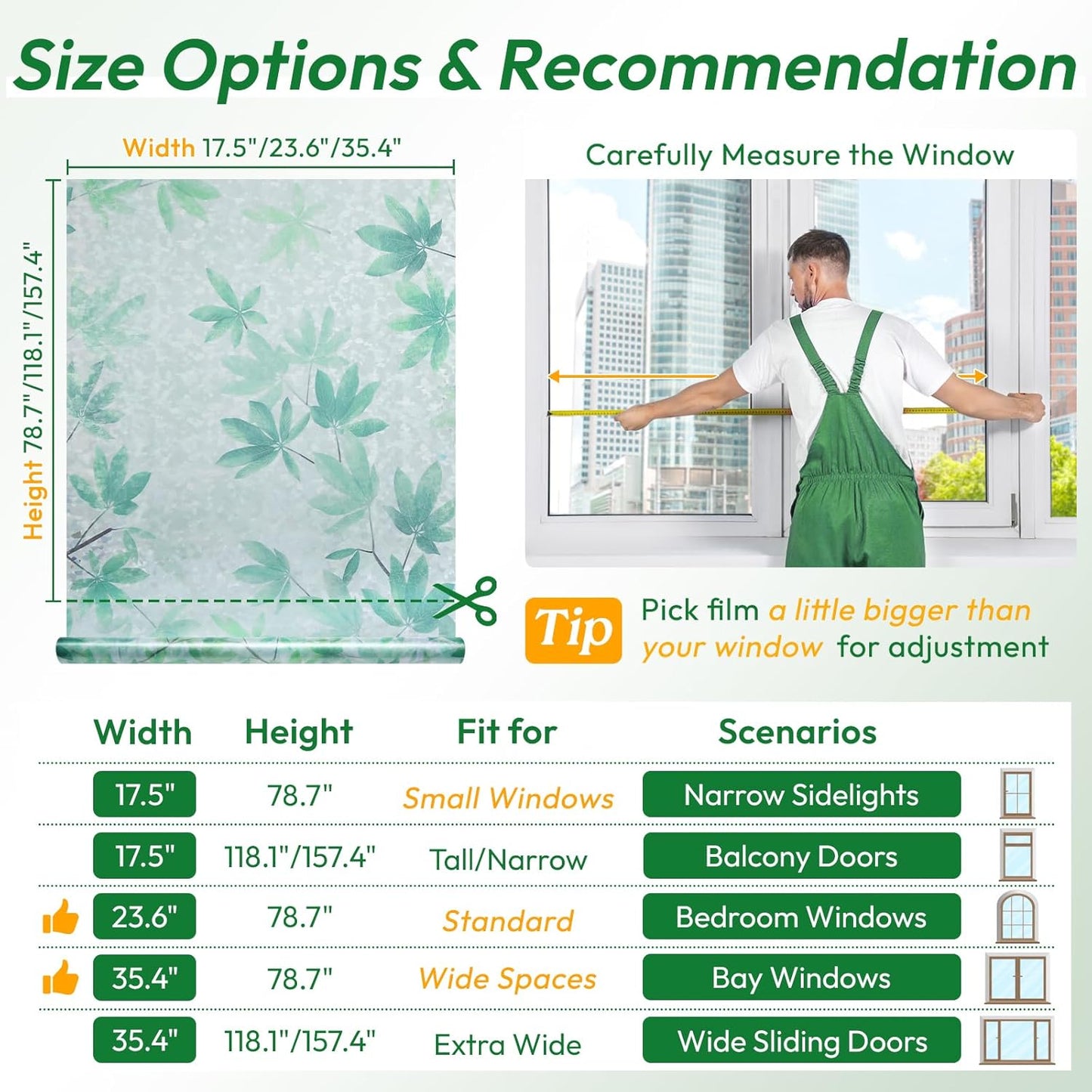 rabbitgoo Rainbow Window Privacy Film Decorative Stained Glass Diamond Pattern Window Sticker with Iridescent Tint Non-Adhesive Static Cling for Home Office Bathroom, Green Leaf 23.6 x 78.7 inch