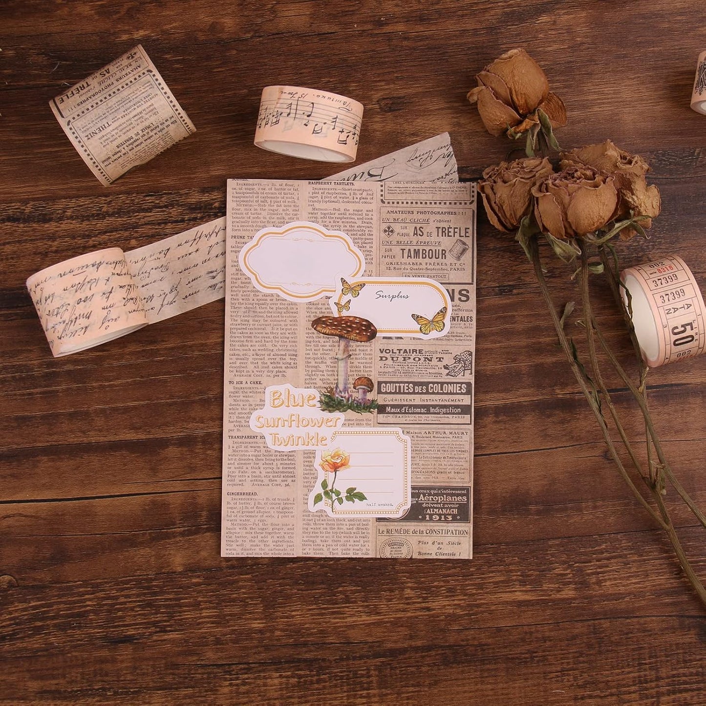 Dizdkizd Washi Tape Set, 12 Rolls Antique Masking Tape Washi Tape Map Newspaper Vintage Stickers Scrapbook Decorative Tape Bullet Journal Supplies Brown Junk Journal Supplies