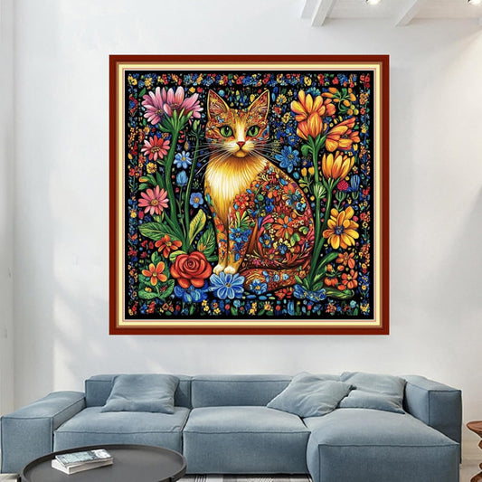Magxvouy Cross Stitch Kits Stamped Full Range of Embroidery Kits,Cross Stitch Patterns Needlework Kits for Beginners 11CT Printed Kits&Colorful Flower Cat 18x18 inch