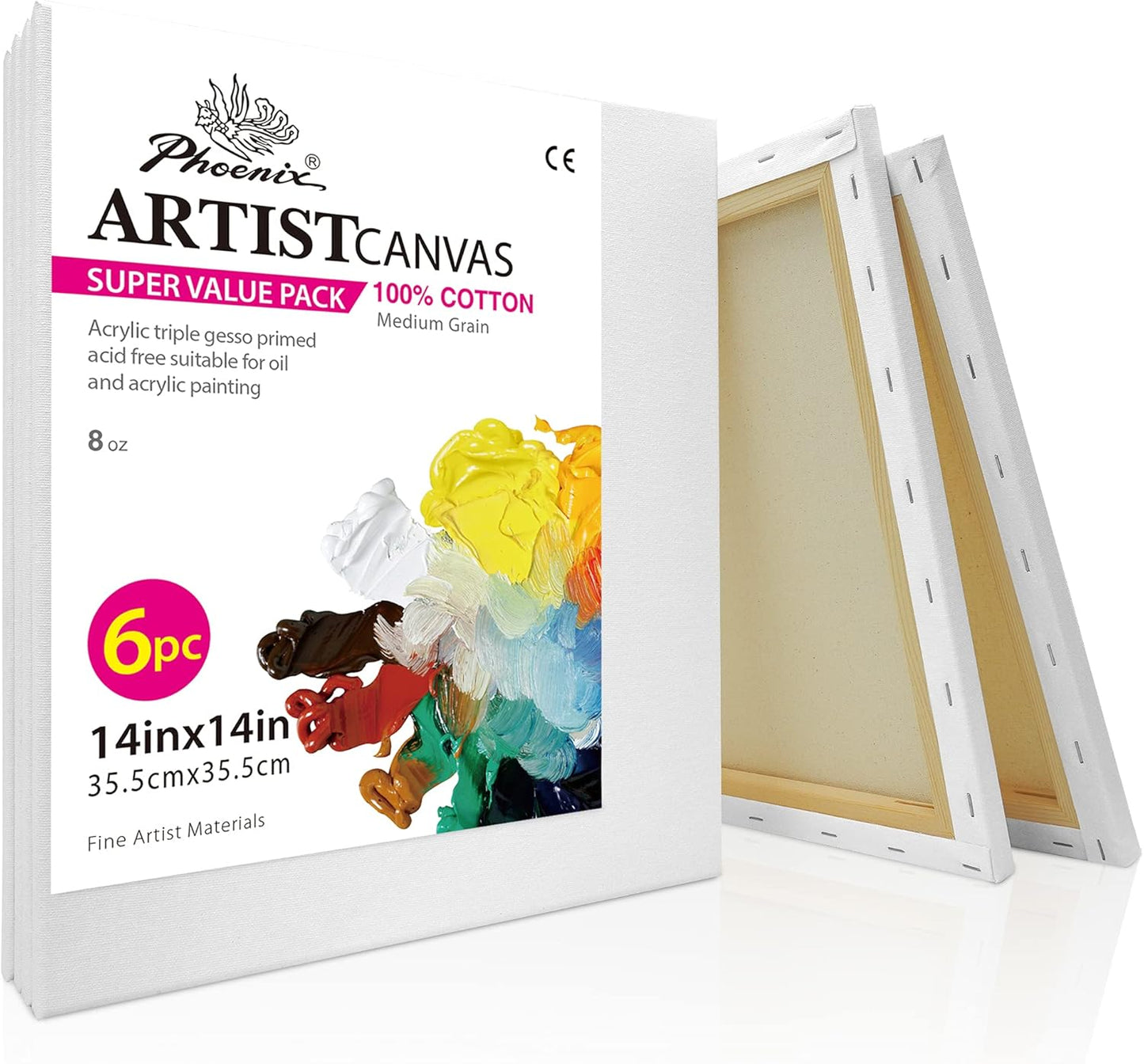 PHOENIX Stretched Canvas for Painting 14x14 Inch/6 Value Pack, 8 Oz Triple Primed 5/8 Inch Profile 100% Cotton White Blank Canvas, Square Framed Canvas for Oil Acrylic & Pouring Art