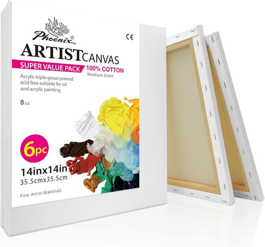 PHOENIX Stretched Canvas for Painting 14x14 Inch/6 Value Pack, 8 Oz Triple Primed 5/8 Inch Profile 100% Cotton White Blank Canvas, Square Framed Canvas for Oil Acrylic & Pouring Art