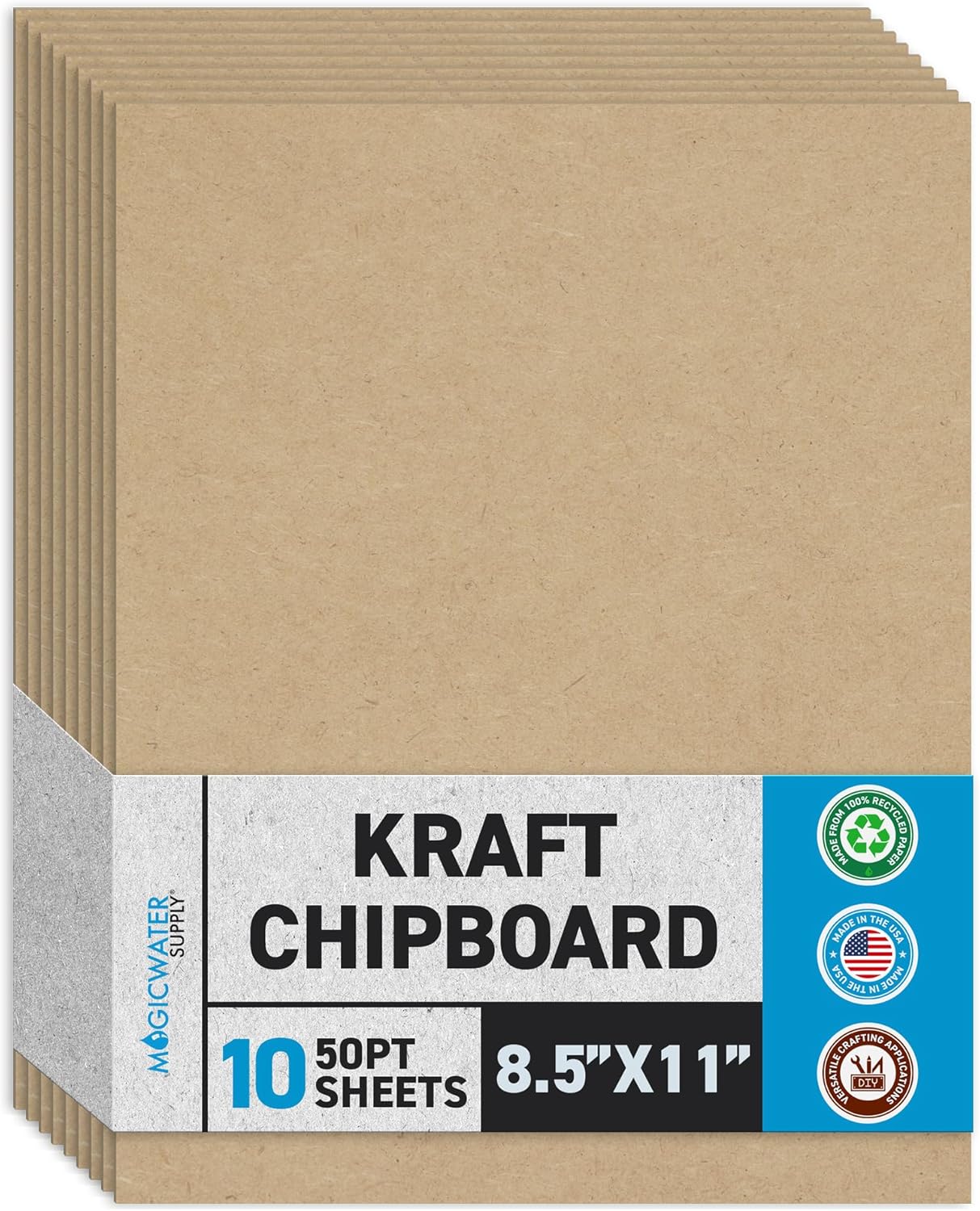 MagicWater Chipboard Sheet for DIY Projects - 8.5x11 Inch - 10 Pack - 50 pt - Heavy Duty Kraft. (0.050 Inch Thick) Paperboard, for Scrapbooking, Books, Picture Frame Backing, Arts Project & Crafts