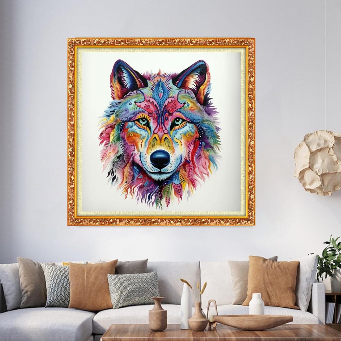Foxhool Beginners Cross Stitch Kits Stamped Full Range of Embroidery Kits for Adults DIY Cross Stitches kit Embroidery Patterns for Needlepoint kit-Colorful Wolf 17.7x17.7 inch