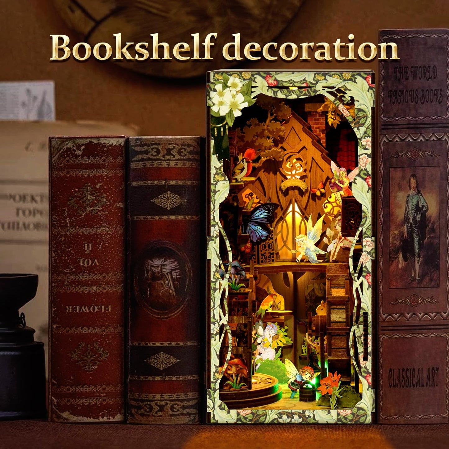 Book Nook Kit for Adult - THRIVINGIVAN Miniature Model Build Dollhouse Kit 3D Wooden Puzzle with Sensor Led Light for Bookshelf Bookend Insert Decor Adults Teen Crafts(Spirit)