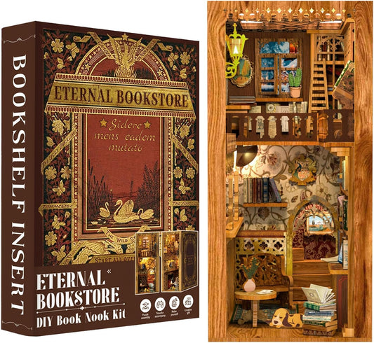 Fsolis Book Nook Kit DIY Miniature House Kit, 3D Wooden Puzzles for Adults, 172 Pieces, Booknook Craft Diorama Bookshelf Insert and Bookends, Gifts for Women Book Lovers(Eternal Bookstore)