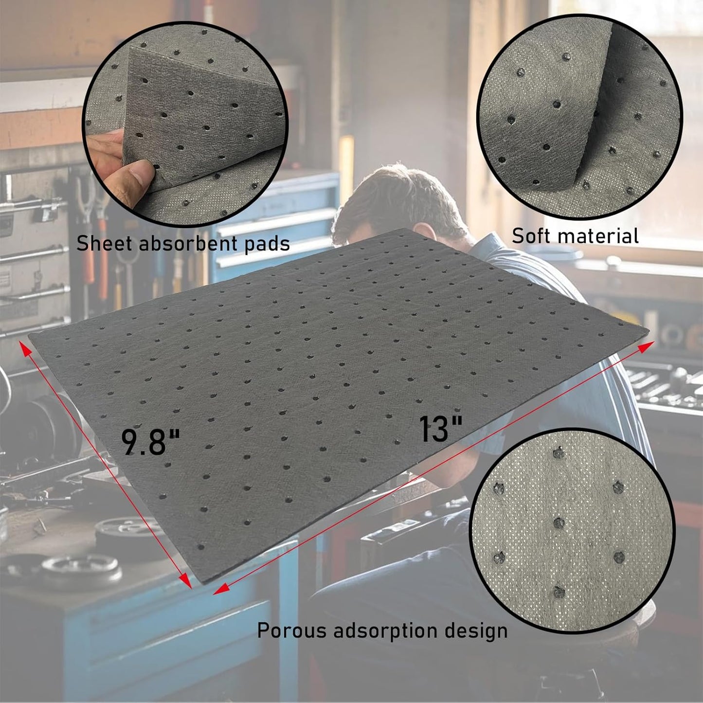 Oil Absorbent Pads | 13"x9.8" Garage Mats | Drip & Spill Universal Pads for Automotive - Absorbing Oil, Liquids, Antifreeze, Brake Fluid, Grease, Coolant | Concrete & Metal Protection,30-Pack