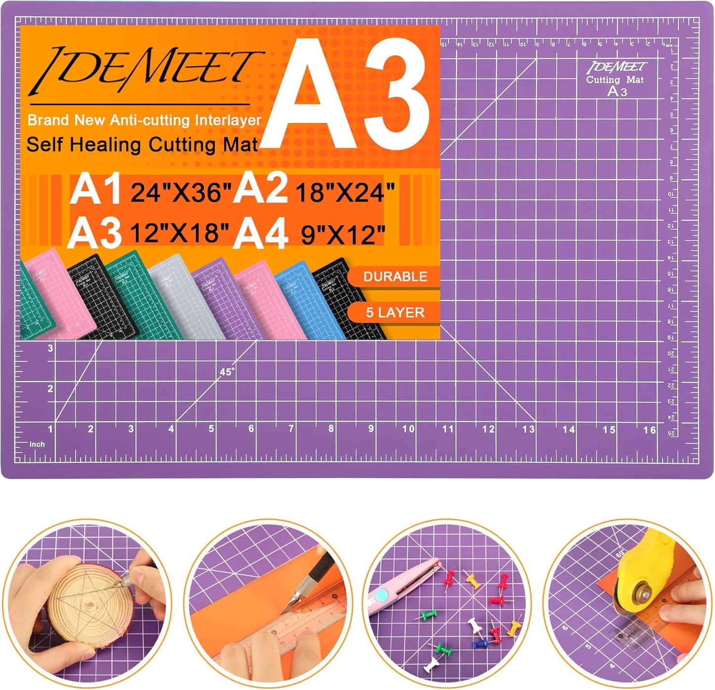 Thickened 18"x12" Self Healing Cutting Mat, Idemeet Rotary Cutting Sewing Mat for Crafts, 5-Ply Blade Table Protector Cut Board for Fabric Leather Cutting Quilting Modeling Hobby Project, A3, Purple