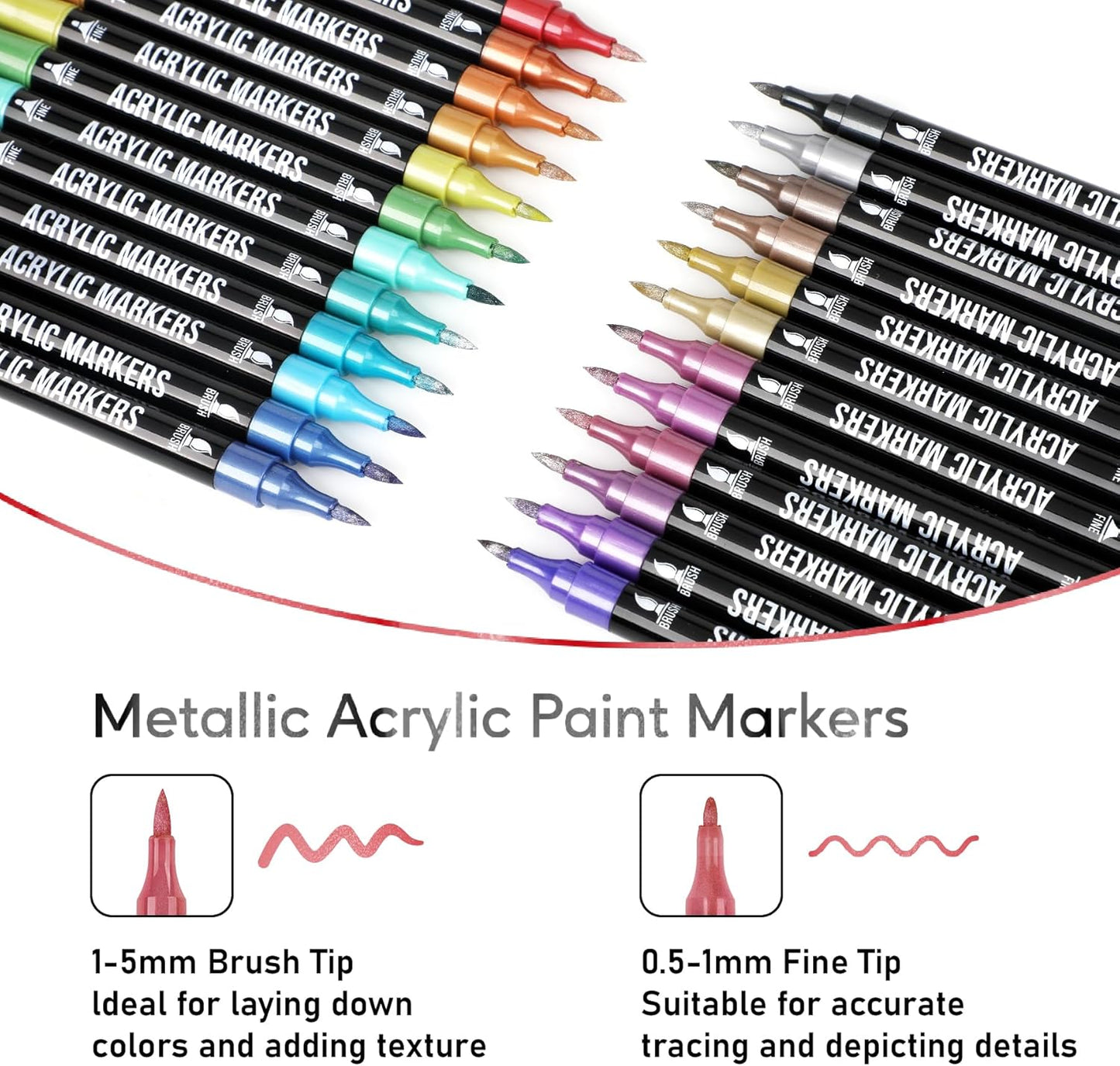 24 Metallic Colors Acrylic Paint Markers, Dual Tip with Fine Tip and Brush Tip Pens for Stone, Wood, Calligraphy, Canvas, Ceramic, Metal, Glass, Rock Painting, DIY Crafts