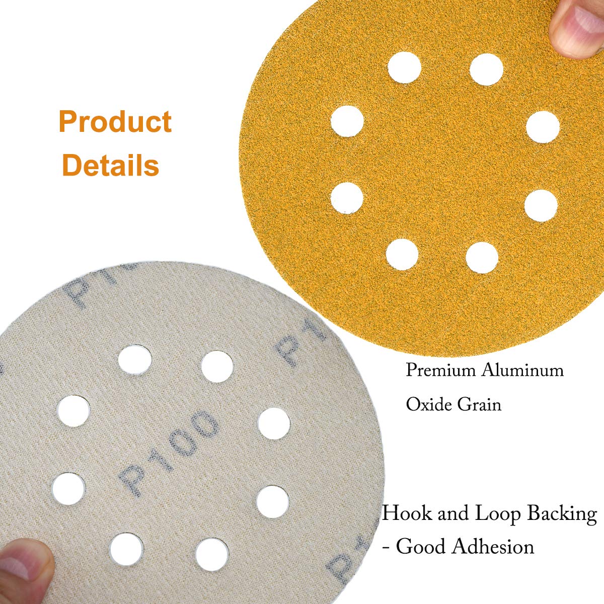 5-Inch 8-Hole Hook and Loop Sanding Discs 100-Grit Random Orbit Sandpaper, 100-Pack