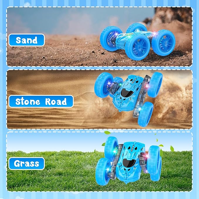 Remote Control Car for Boys Blue Double-Sided 360°Flip RC Cars, Colorful Lights, Multi-Terrain Driving and Rechargeable Battery RC Car,Toys for Ages 2-4,Suitable for Girls Boys Ages 4-12 Toys Gifts