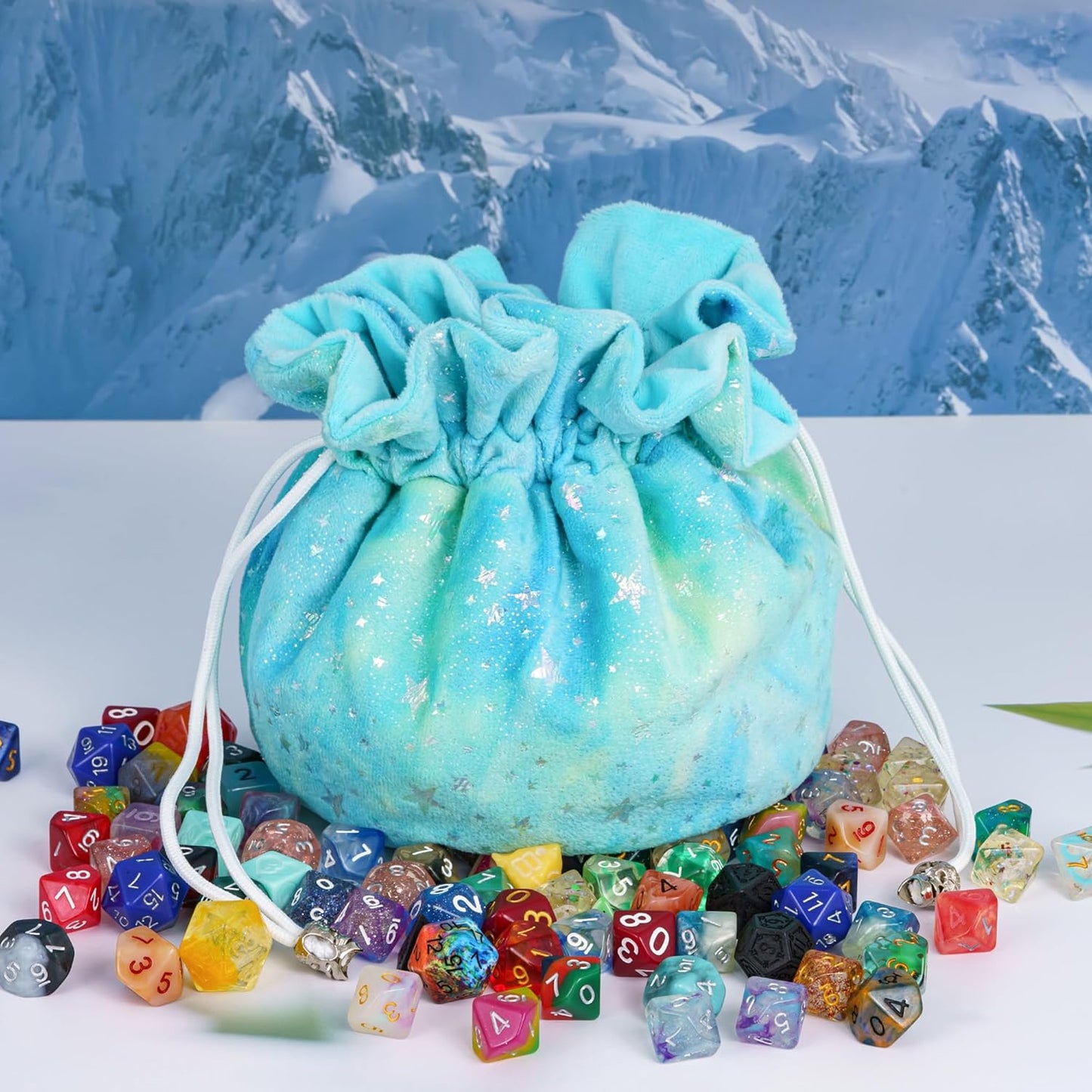 DND Dice Bags Large, Cyan Dice Storage Bag Star Pattern with Pockets, for D&D RPG Game - Capacity 200+ Die