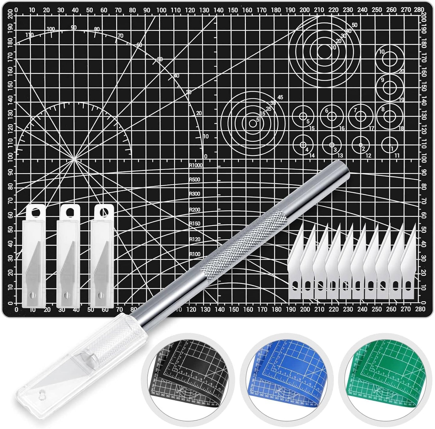 Anezus Exacto Knife with Hobby Mat for Crafts, Self Healing Cutting Mat Hobby Knife with 30 PCS Exacto Blades Precision Knife for Art and Crafts Paper Scrapbooking Stencil (Black)