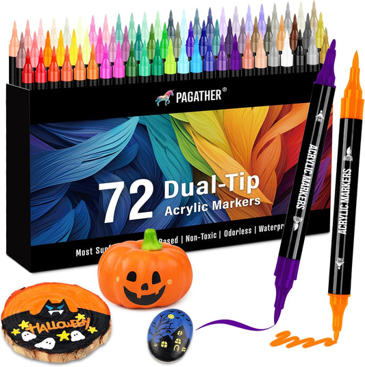 72 Colors Acrylic Paint Markers, Dual Tip with Fine Tip and Brush Tip Pens for Stone, Wood, Calligraphy, Canvas, Ceramic, Metal, Glass, Rock Painting, DIY Crafts