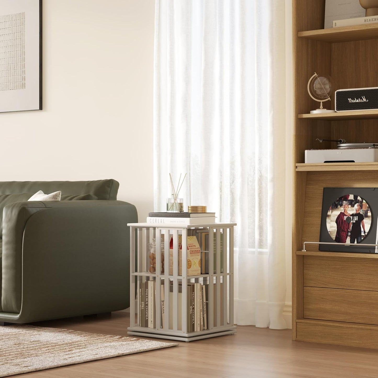 YOWOS Rotating Bookshelf Tower, 360 Display Spinning Bookcase, Bamboo Bookshelf Floor Standing Storage Rack, Wood Narrow Book Shelf Organizer for Kids&Adults (White, 2 Tier)