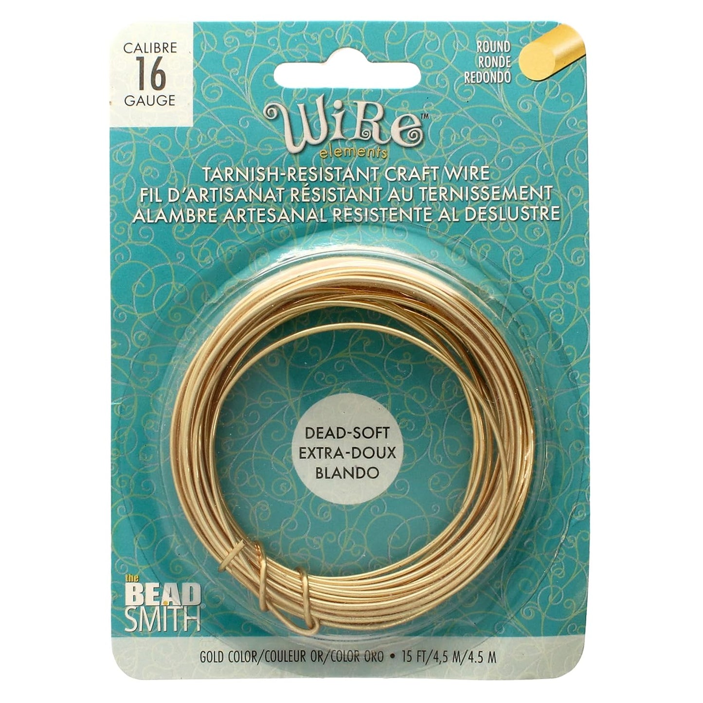 The Beadsmith Wire Elements Craft Wire – Tarnish Resistant, Soft Temper, Round, Gold Color – 1.3mm, 16 Gauge, 15 Foot Spool – Jewelry Making, Wire Wrapping, Floral, & Other DIY Crafts