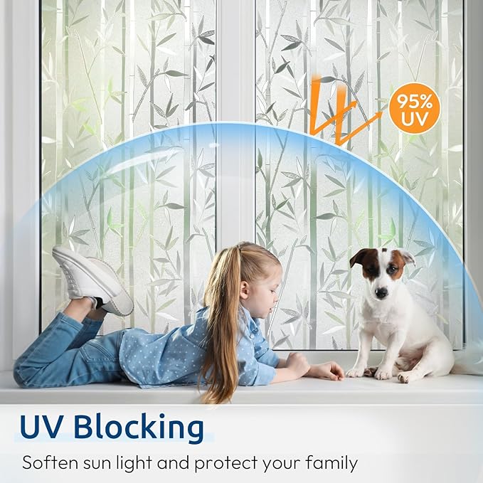 rabbitgoo Window Privacy Film Frosted Bamboo Pattern, Removable UV Blocking Stained Glass Decals Covering Decorative Window Cling for Home, 23.6 in X 6.5 Feet, Regular