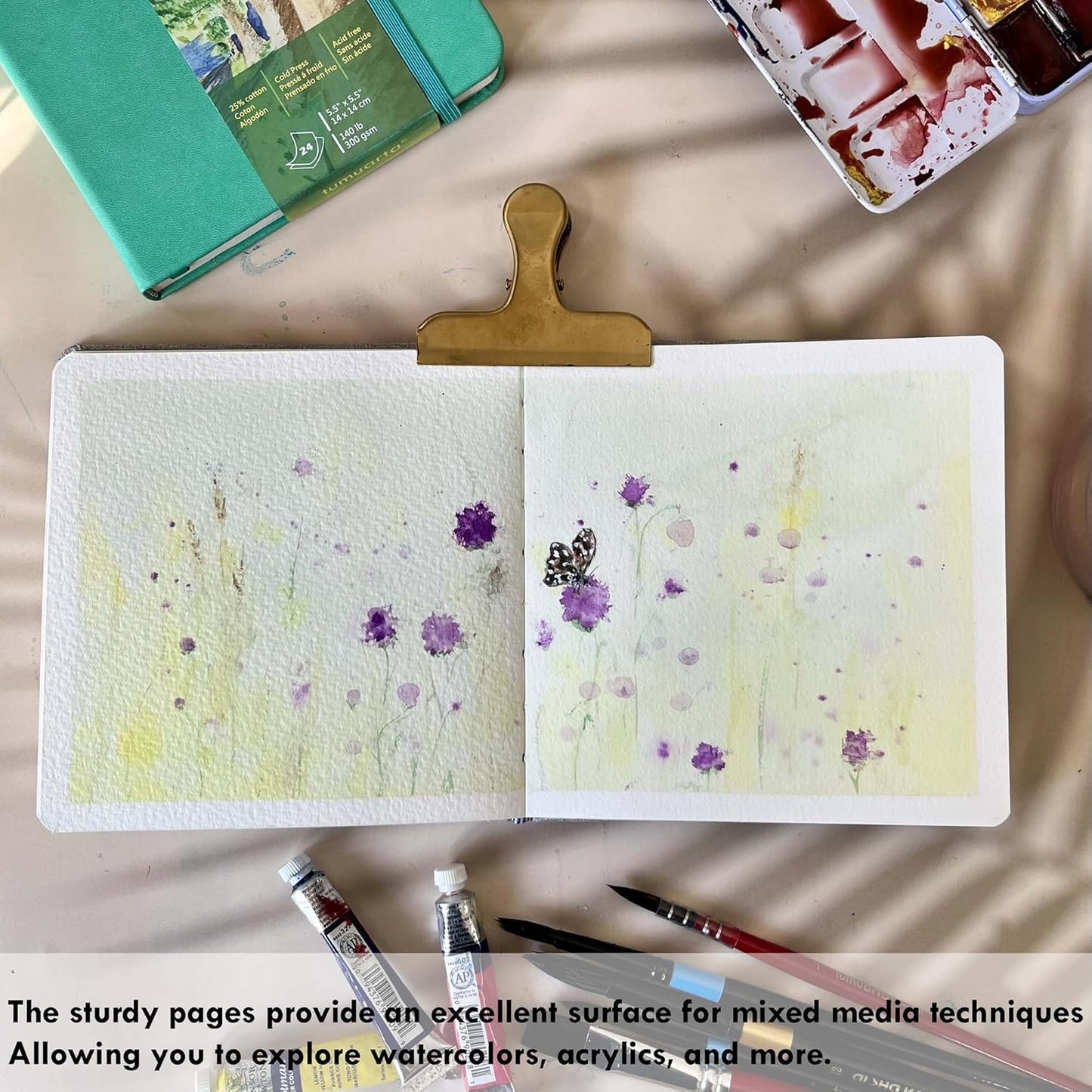 Square Watercolor Journal,140 LB,300 GSM,5.5X5.5, Cotton Paper,Cold Press,24 Sheets, Watercolor Paper Sketchbooks for Use As Travel Notebook and Mixed Media Pad