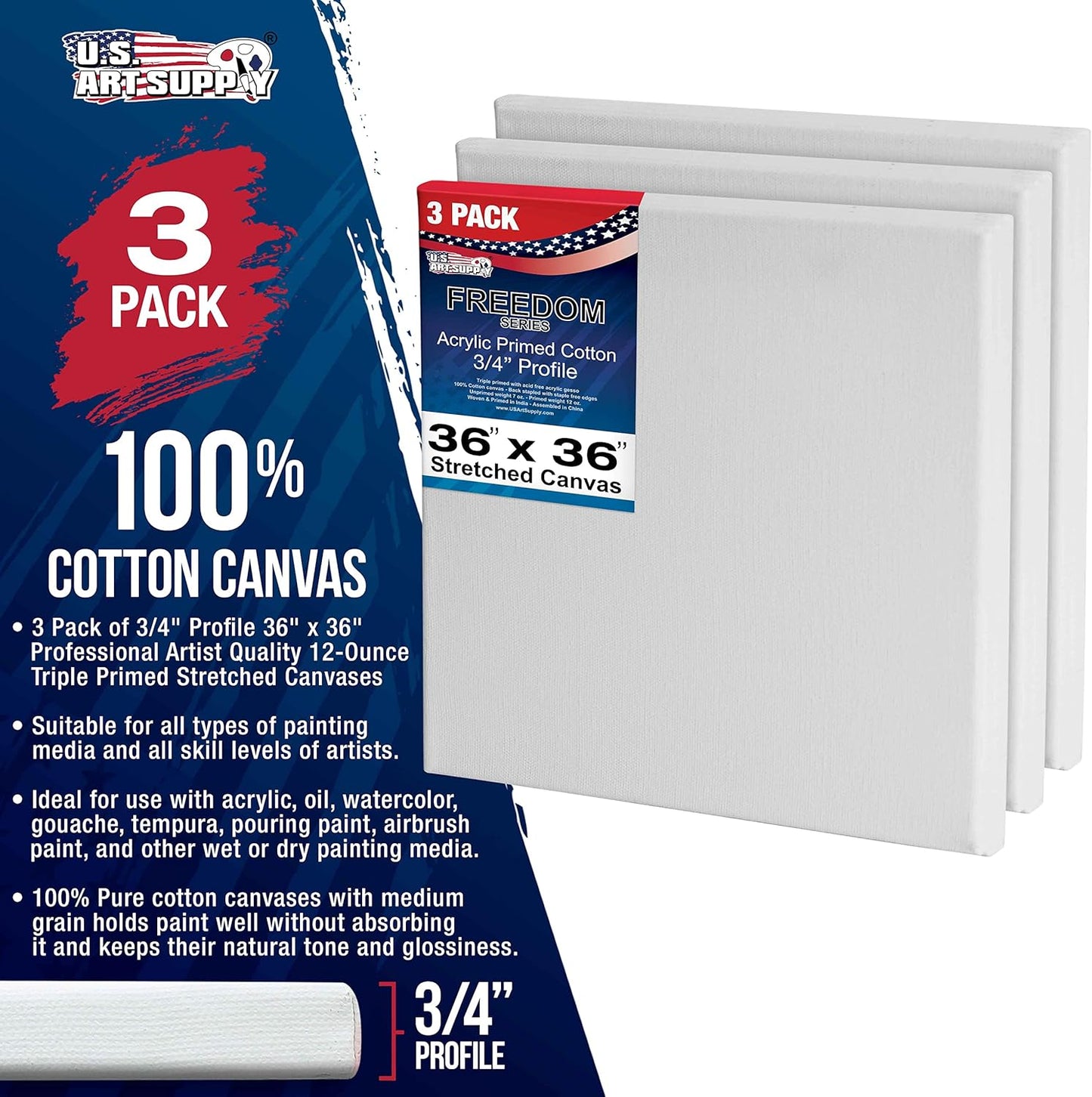 U.S. Art Supply 36 x 36 inch Stretched Canvas 12-Ounce Triple Primed, 3-Pack - Professional Artist Quality White Blank 3/4" Profile, 100% Cotton, Heavy-Weight Gesso - Acrylic Pouring, Oil Painting