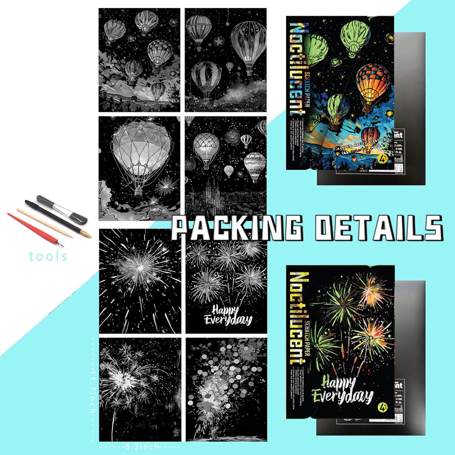 Scratch Paper Art for Adults-Glow in The Dark Scratch Painting Craft Kit (8 Sheets A4)|DIY Foil Engraving Art Set|Stress Relief Gift for Travel Lovers,Craft Lovers,Home Decors (Fireworks)
