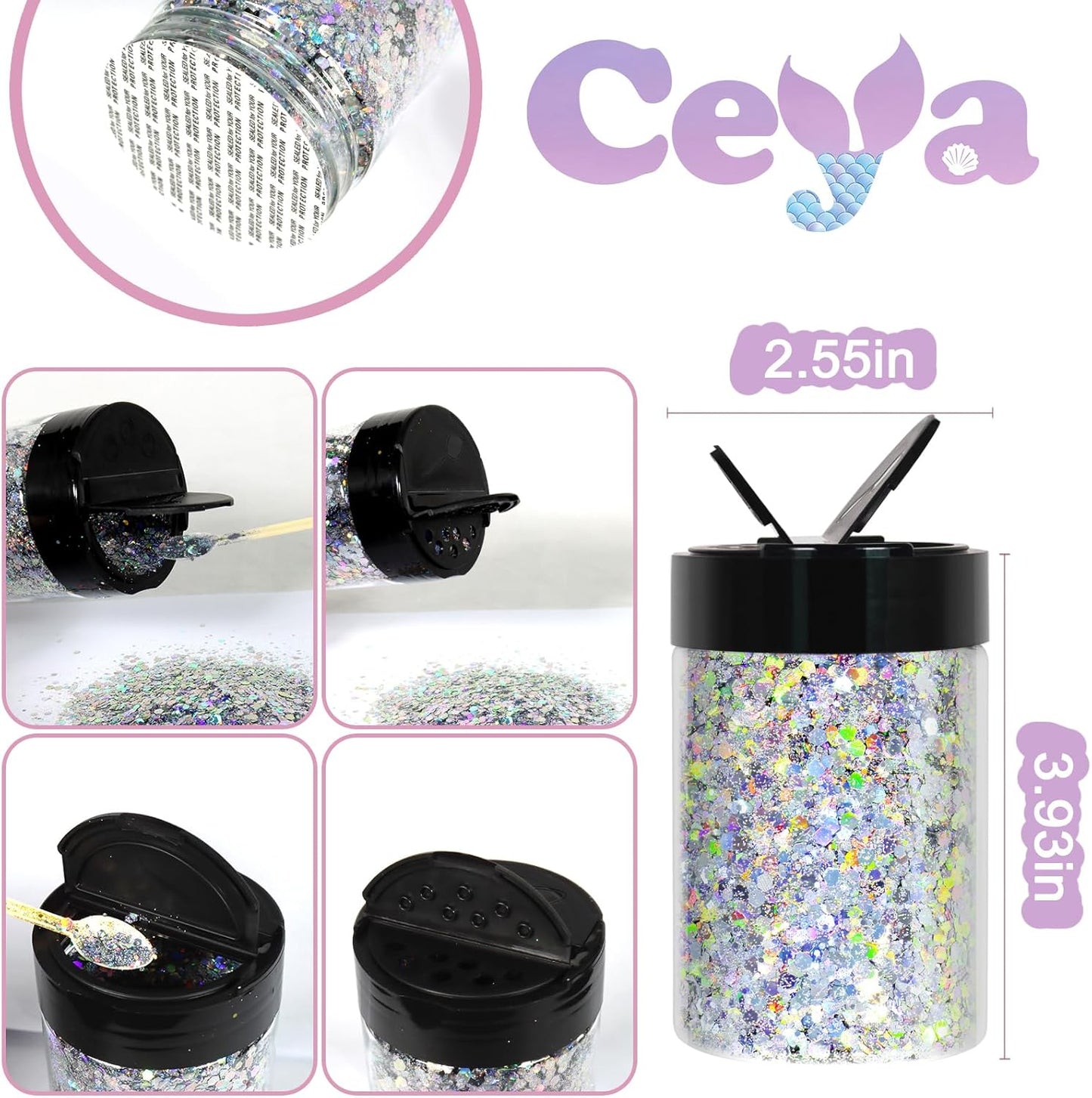 Ceya Holographic Chunky Glitter, 4.9oz/ 140g Diamond Silver Craft Glitter Powder Mixed Fine Flakes Iridescent Nail Sequins for Nail Art, Hair, Epoxy Resin, Tumblers, Slime, Painting, Festival Decor