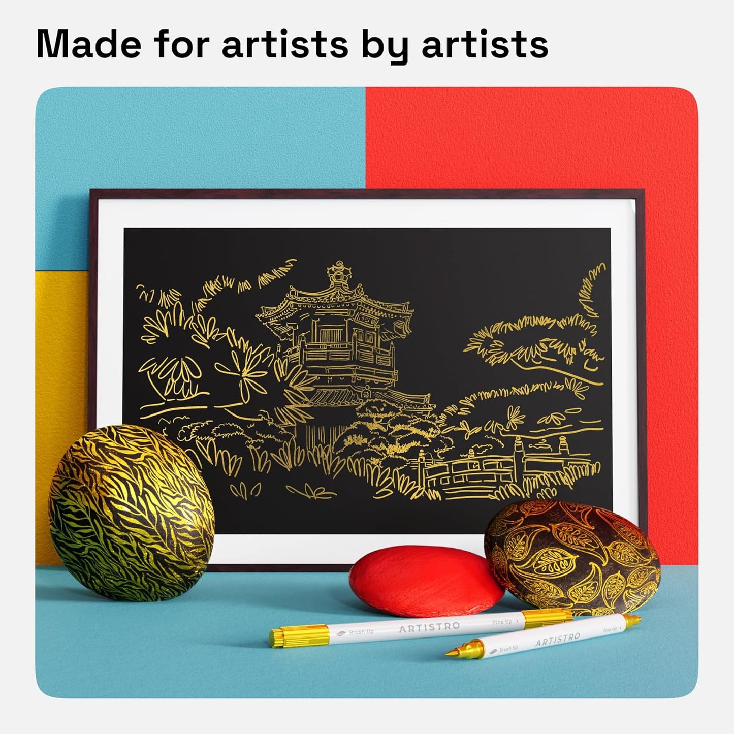 ARTISTRO 2 Gold Dual-Tip Acrylic Paint Pens - Multisurface Metallic Markers for Glass, Rock, Fabric, Wood, Plastic & More - 1 mm Fine & Brush Tips