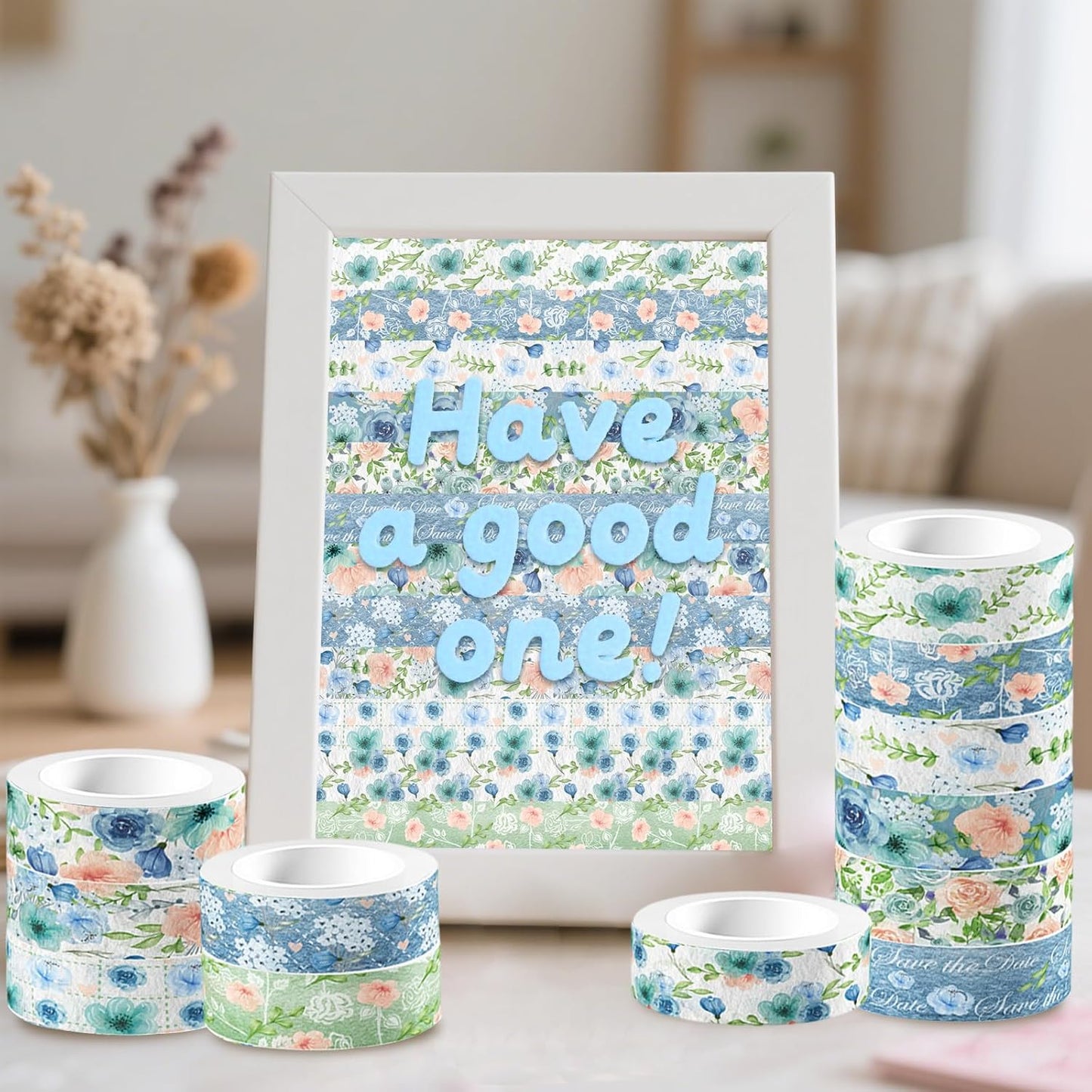 12 Rolls Floral Washi Tape, Blue Rose Flower Masking Tape, Vintage Blue Pink Floral Decorative Tapes for DIY Craft Scrapbook Journals Envelope Thanksgiving Christmas Party Decor Gift Wrapping 16.4FT