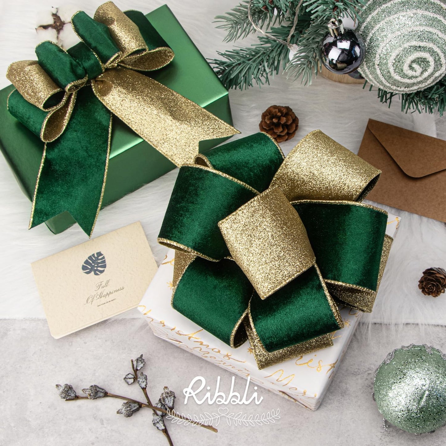 Ribbli Forest Green Velvet Wired Ribbon 2.5 Inch Green Velvet with Gold Glitter Christmas Ribbon for Christmas Tree Decoration Big Bow Gift Wrapping Crafts Wreaths Supplies- 10 Yards