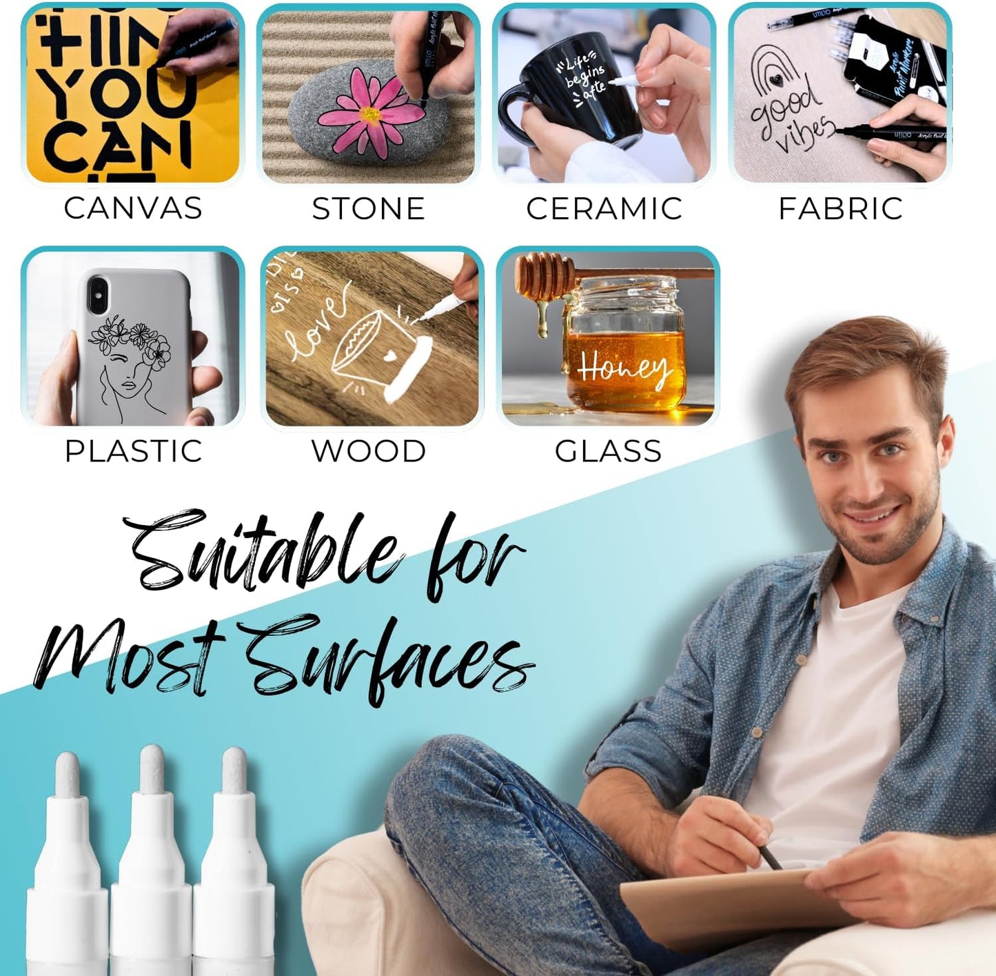 White Paint Pen (8-Pack) Medium Tip Made in Japan | Bold Color+100% Coverage | For Rock, Wood, Glass, Paper, Fabric, Canvas, Metal and More! | 2-3mm White Paint Pens | White Acrylic Paint Pens