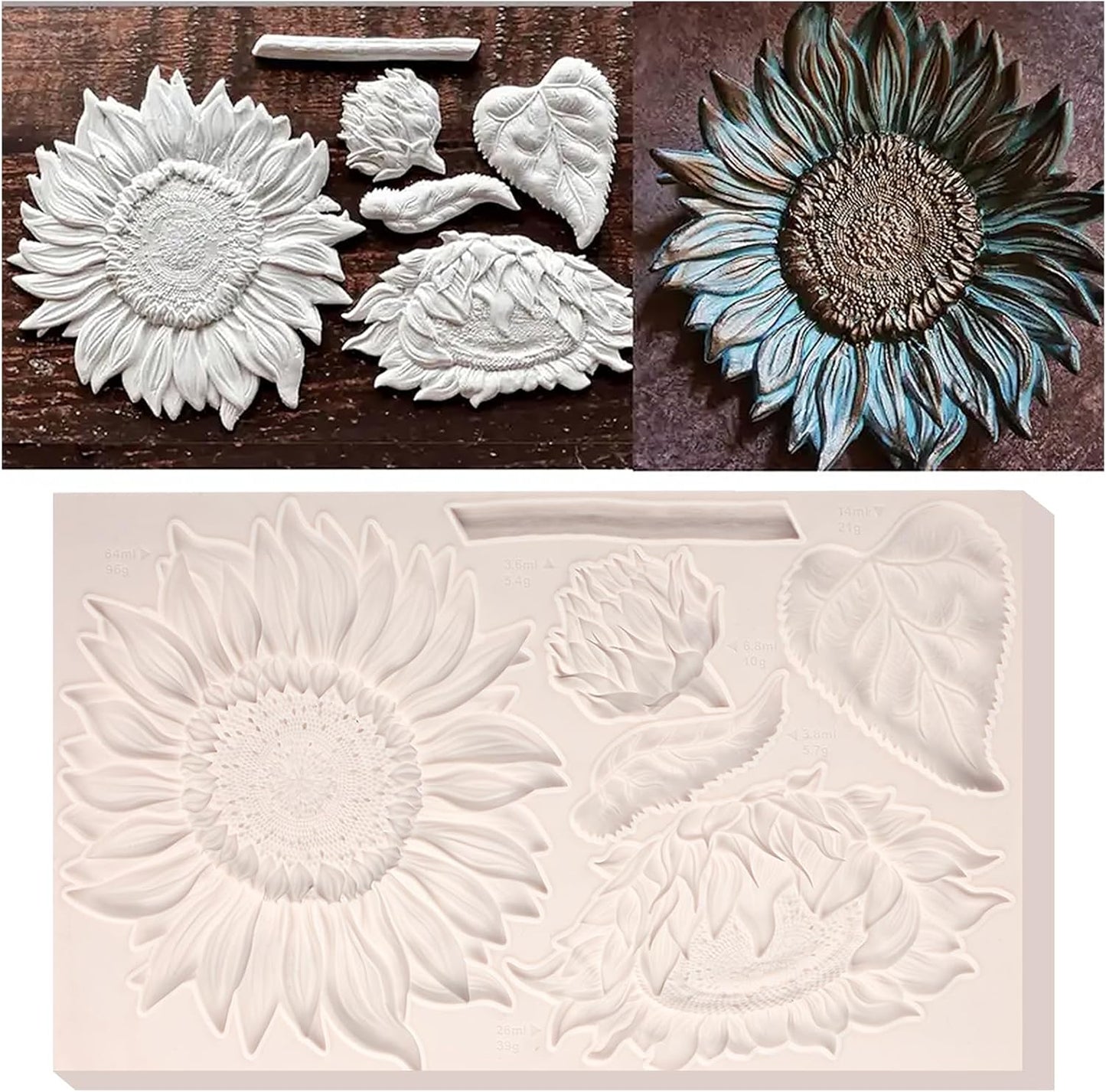 Oversized Sunflower Silicone Mold Leaves Cake Decoration Fondant Mold for Wedding,Birthday Party Cupcake Topper Chocolate Candy Cookies Mousse DIY Gypsum Soap UV Resin Polymer Clay Crafts