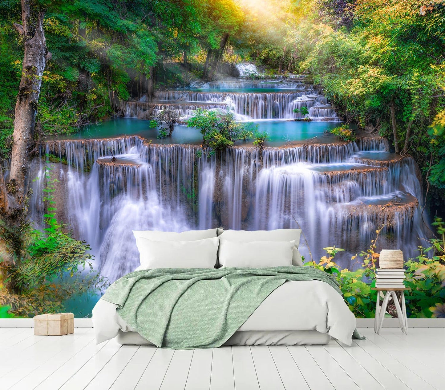 AFZEVEB-Green Waterfall Nature Landscape Wallpaper Wall murals for Kids Room 159"x107"(Not Peel and Stick)