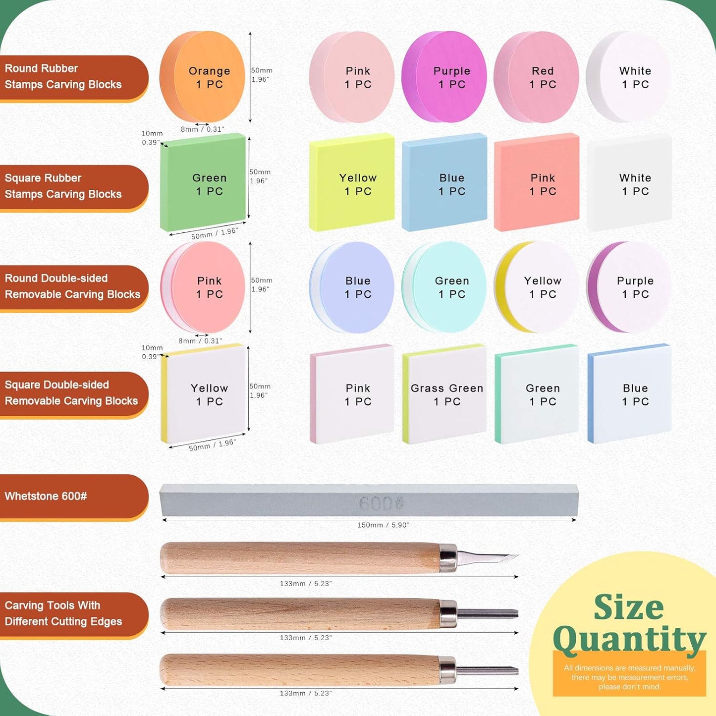 Keadic 24 Pieces Block Printing Starter Tool Kit, Rubber Stamps Making Set with Round & Square Rubber Carving Blocks, Linoleum Cutter Tools & Grindstone for Stamp Carving and Printmaking