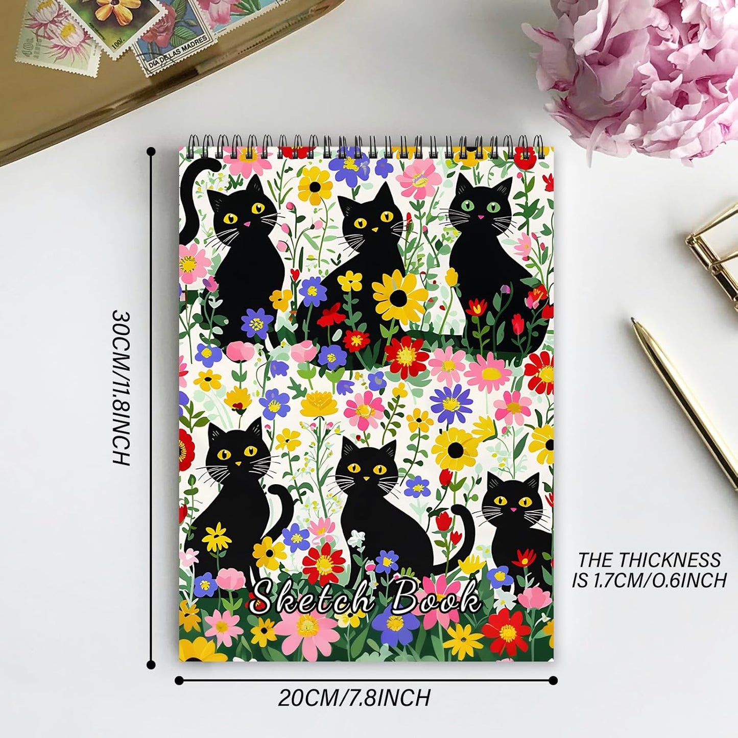 Cabreche Cute Sketchbook Top Spiral Bound Sketch Pad, 9 x 12 inch,100GSM Thick Paper,50 Sheets 100 Pages,Art Sketch Book Artistic Writing Drawing Paper for Girls Women Beginners-Flower Cat