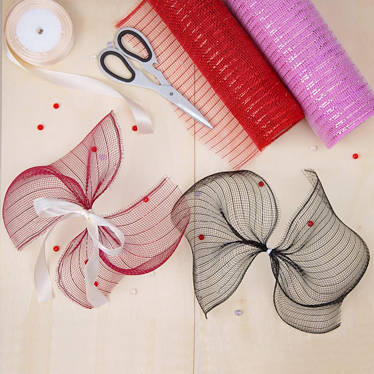 Anivia Deco Mesh Ribbon, 10inch x 30 Feet Each Roll Metallic Foil Mesh Ribbon for Wreaths Swags, Holloween, and Christmas Tree Decoration (Red/Red Foil)