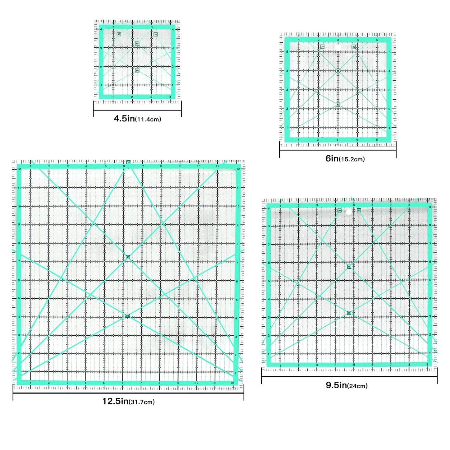 MANUFORE 4pcs Square Quilting Ruler (12.5”/ 9.5”/ 6”/ 4.5”) Sewing Acrylic Ruler Anti-Slip Metric Ruler DIY Quilting Tools with Clear Printed Lines for Precise Cutting