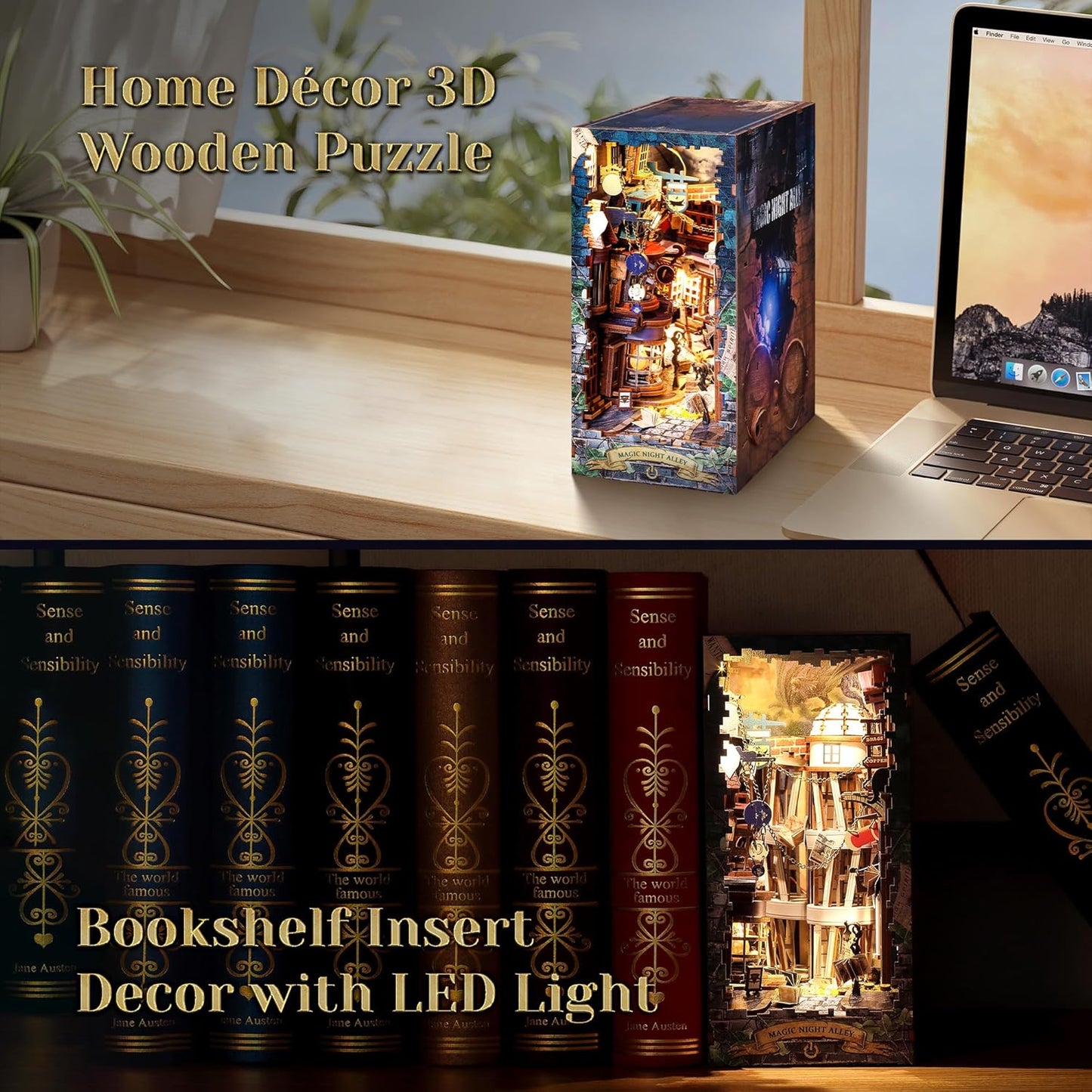 3D Wood Puzzle Book Nook Kit, DIY Magical Miniature Dollhouse with LED Light, Magic Night Alley Bookshelf Insert Bookend for Display, 3D Puzzle Craft Set for Adults(Magic Night Alley)