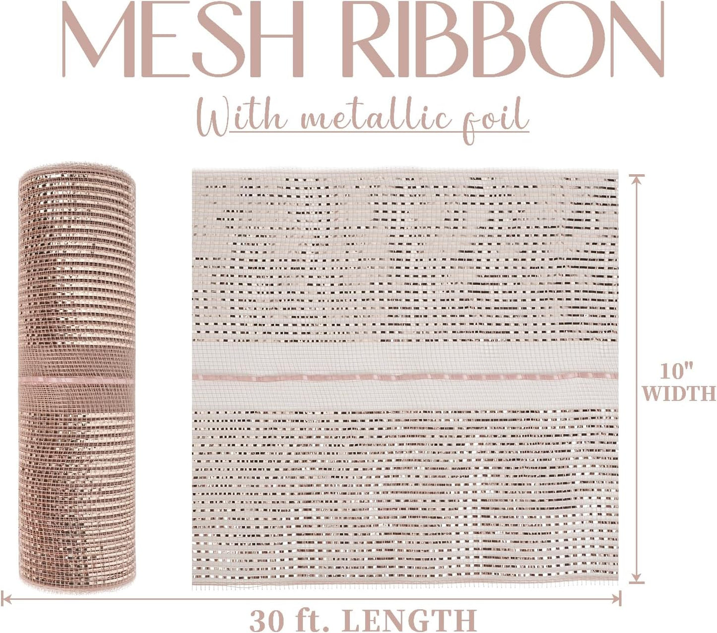 MEEDEE Rose Gold Deco Mesh 10 Inch Deluxe Wide Foil Metallic Pull Up Mesh Rose Gold Decorative Mesh Ribbon for Christmas Tree, Wreaths, Garland, Gift Wrapping, Bows Making (30 Feet)