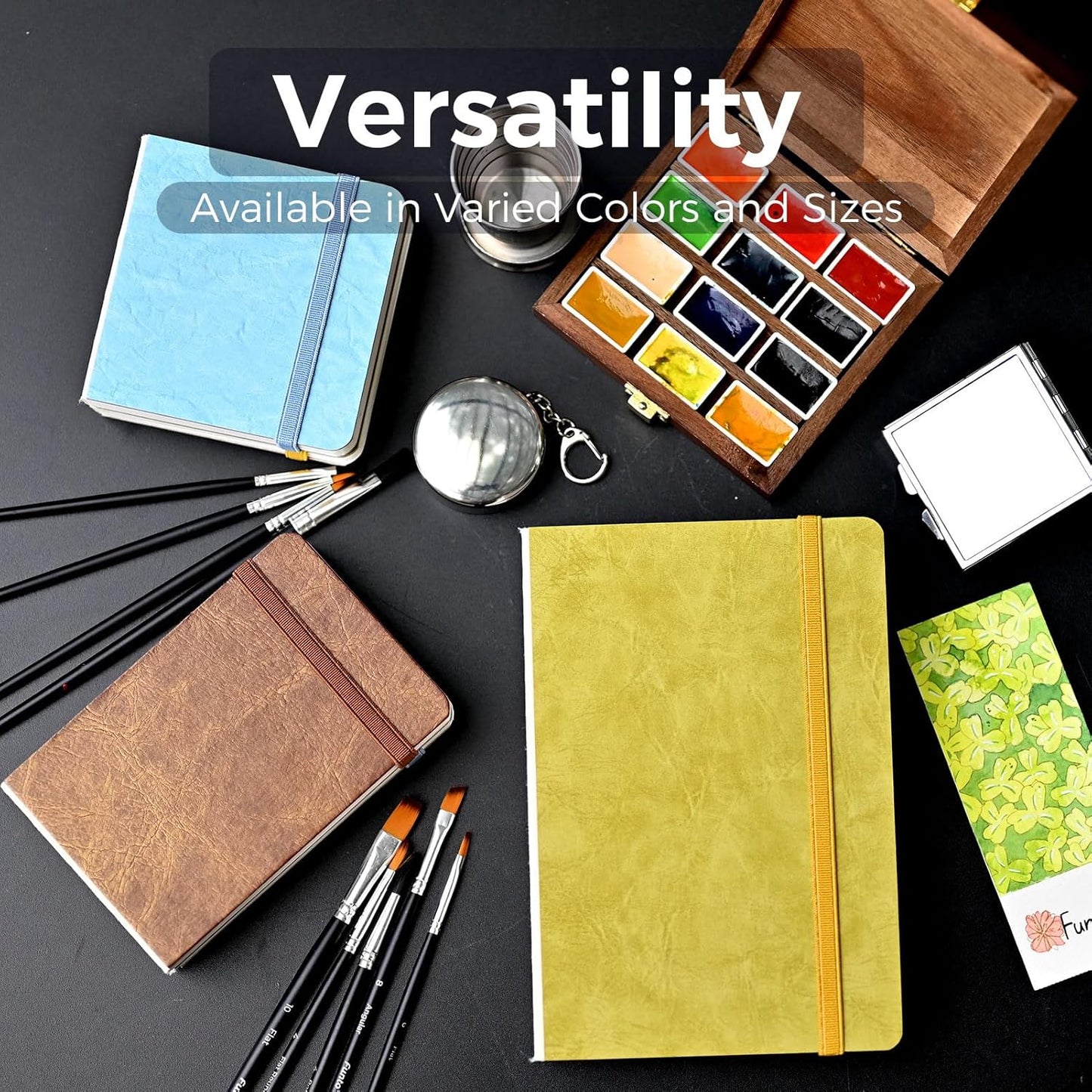 Funto Watercolor Journal 2-Pack, 3.5x5.5, 44 Pages Each, 100% Cotton Cold Press, Pearlescent PU Leather Brown Hard Cover, Art Supplies for Mixed Media