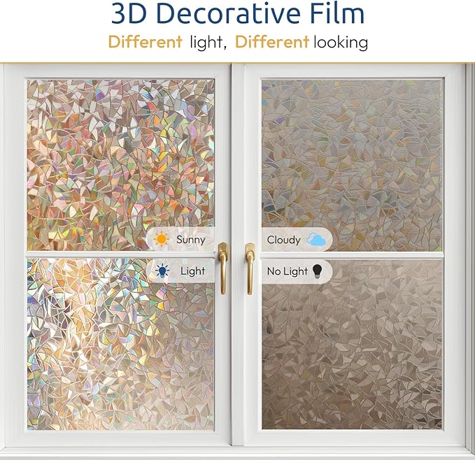 rabbitgoo Window Privacy Film Rainbow Film Decorative Window Sticker, 3D Static Stained Glass Cling Tint for Home Heat Control Non-Adhesive, Brown, 23.6 x 157.4 inches