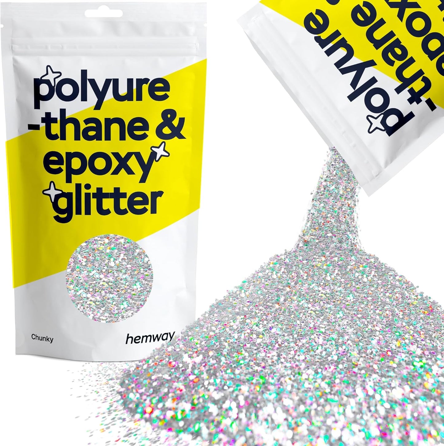 Hemway Polyurethane & Epoxy Resin Glitter 100g / 3.5oz Metallic Crystal Flake Additive for Flooring Jewelry Tumblers Glass Pigment - Chunky (1/40" 0.025" 0.6mm) - Silver Holographic