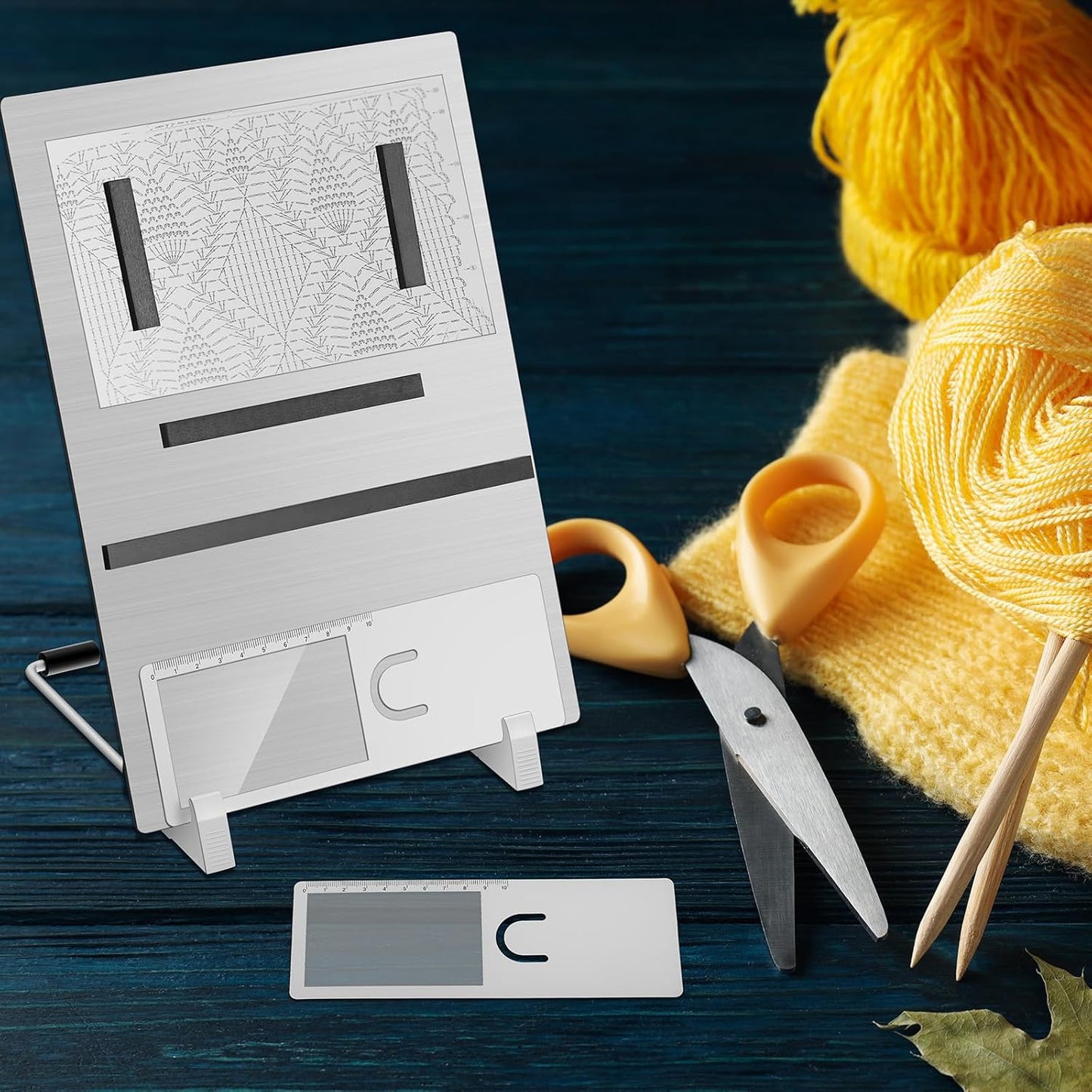 Flutesan 8 Pcs Cross Stitch Accessories and Tools 11.5 x 4.7 Inch Metal Magnet Board Chart Knitting Pattern Holder 2 Bookmark Magnifier with Ruler 1 Bracket 4 Magnet Strips for Crafts Work Supplies