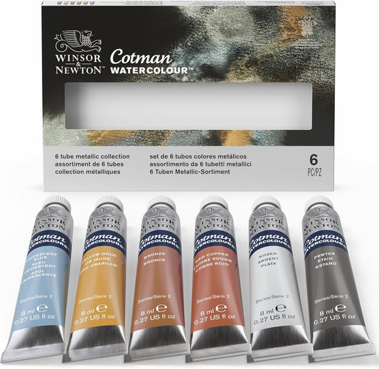 Winsor & Newton Cotman Watercolor Paint Set, 6 Metallic Colors, 8ml (0.27-oz) Tubes