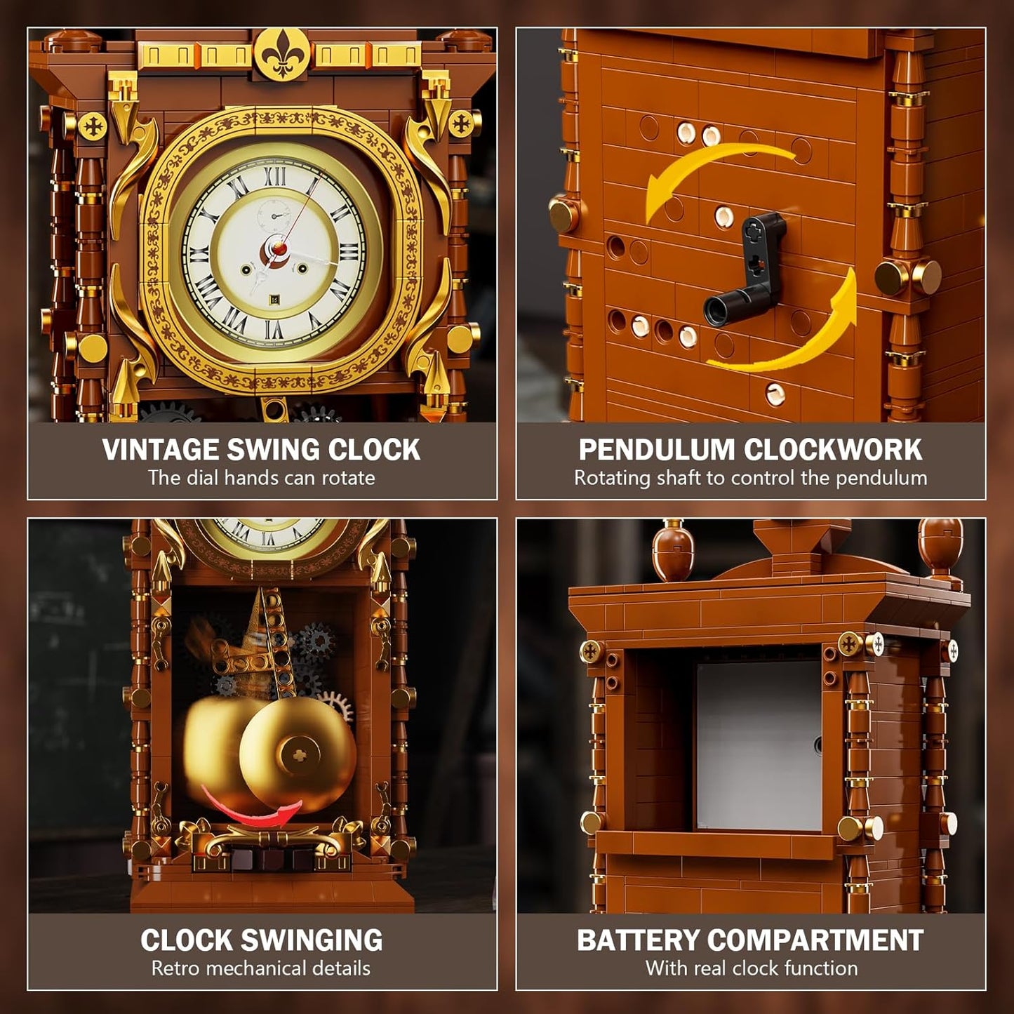 Retro Swing Clock Building Blocks Set, Vintage Pendulum Clock with Functional Clock Mechanism Model Kit, Creative Gift Toys for Adults Teens 14+ (751 Pieces)